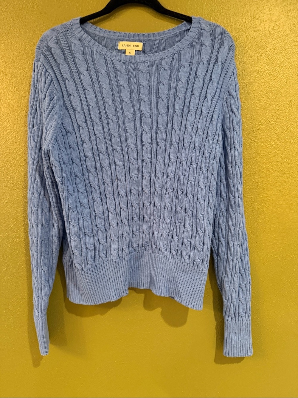 Lands' End Women's Light Blue Cable Knit Crew Sweater